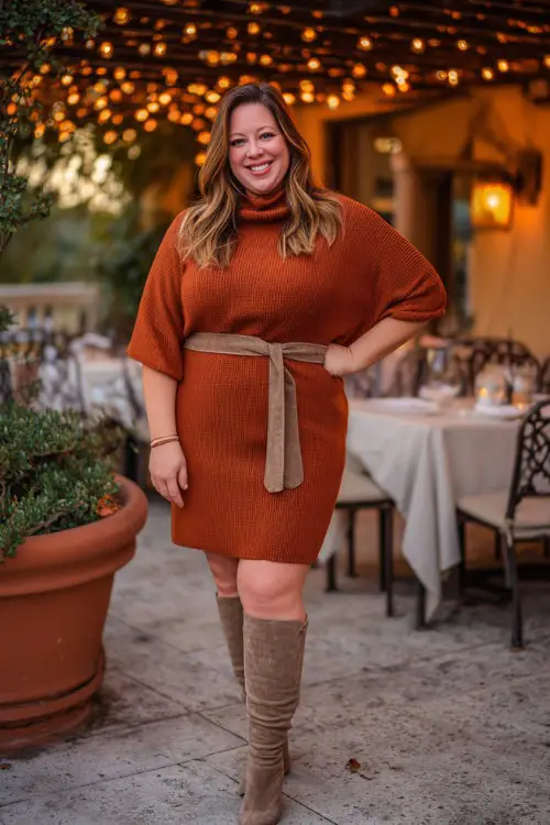A plus-size woman in a rust-colored sweater dress with a belt at the waist, paired with suede knee-high boots, smiling at a fall dinner patio under string lights 
