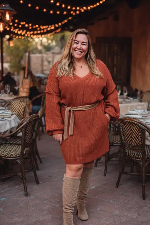 A plus-size woman in a rust-colored sweater dress with a belt at the waist, paired with suede knee-high boots, smiling at a fall dinner patio under string lights 