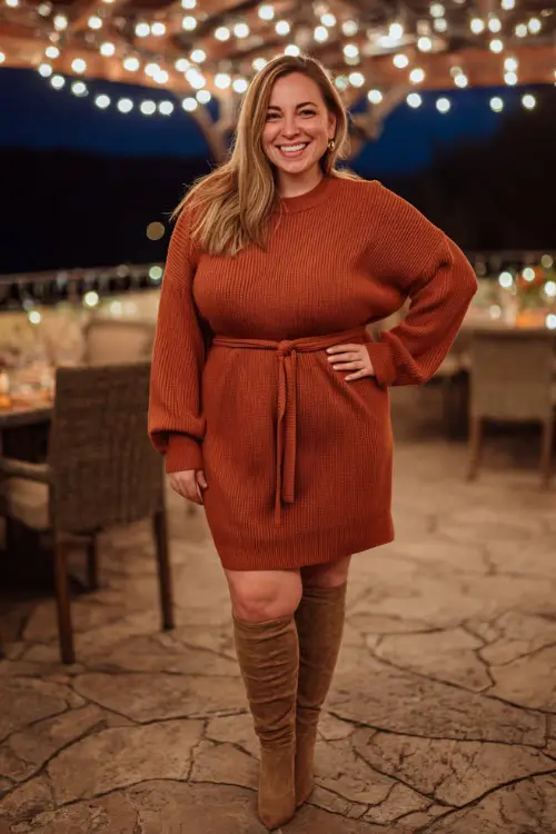 A plus-size woman in a rust-colored sweater dress with a belt at the waist, paired with suede knee-high boots, smiling at a fall dinner patio under string lights