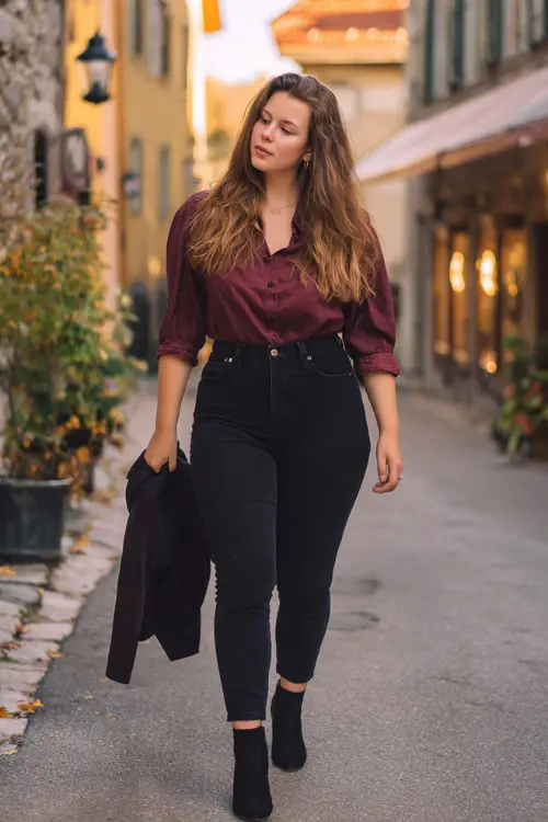 A plus-size woman in black high-waisted jeans, a burgundy blouse, and block-heeled ankle boots, holding a jacket while walking down an autumn street 