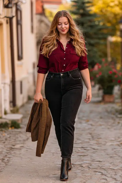 A plus-size woman in black high-waisted jeans, a burgundy blouse, and block-heeled ankle boots, holding a jacket while walking down an autumn street 