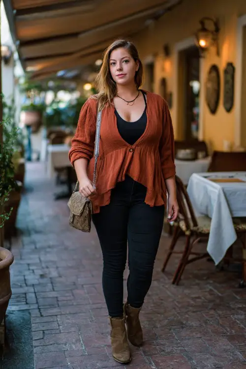 A plus-size woman in black skinny jeans, a rust-colored knit cardigan, and suede ankle boots, holding a crossbody bag while strolling past a casual fall restaurant 