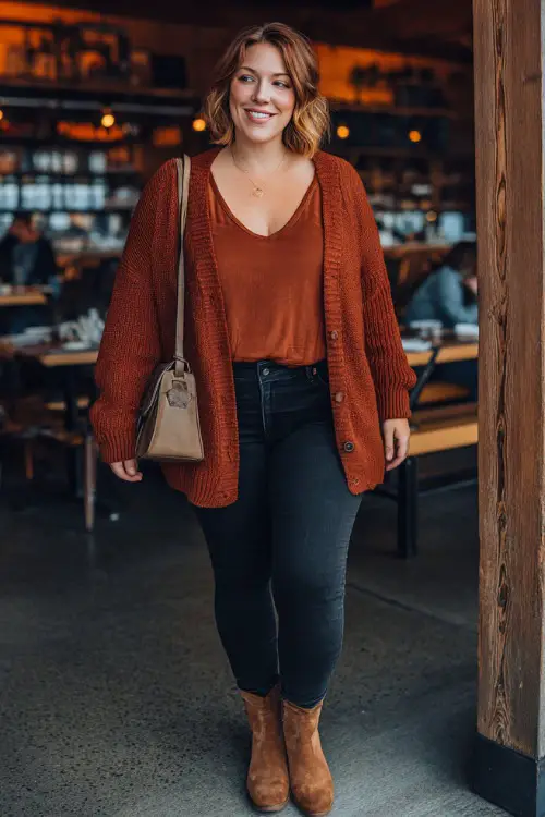 A plus-size woman in black skinny jeans, a rust-colored knit cardigan, and suede ankle boots, holding a crossbody bag while strolling past a casual fall restaurant 