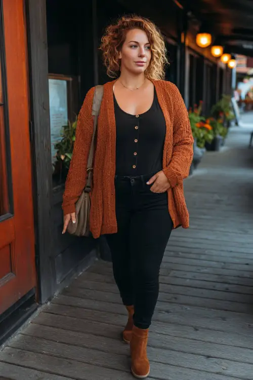 A plus-size woman in black skinny jeans, a rust-colored knit cardigan, and suede ankle boots, holding a crossbody bag while strolling past a casual fall restaurant 