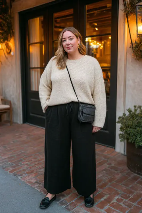 A plus-size woman in black wide-leg jeans, a cream knit sweater tucked in, accessorized with hoop earrings and loafers 
