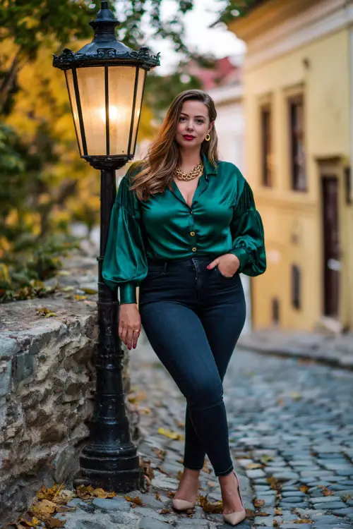 A plus-size woman in dark skinny jeans, a silky emerald blouse tucked in, styled with gold jewelry and block heels, posing on a lantern-lit autumn street 