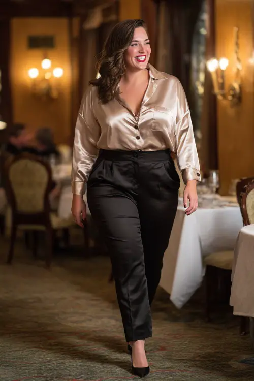 A plus-size woman in tailored black trousers, a champagne satin blouse, and pointed heels, laughing while walking into a warm fall dinner lounge