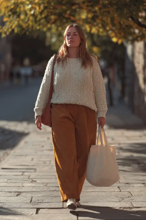 A plus-size woman in wide-leg trousers with a cream knit sweater and loafers, carrying a tote bag while walking down a fall-lit sidewalk toward dinner 