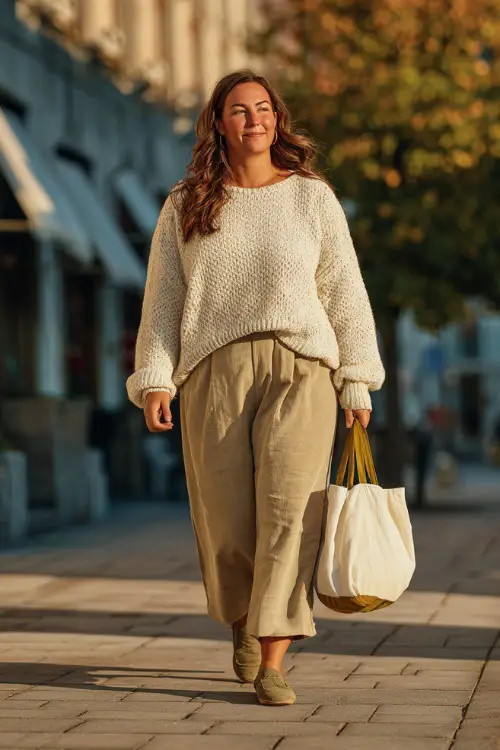 A plus-size woman in wide-leg trousers with a cream knit sweater and loafers, carrying a tote bag while walking down a fall-lit sidewalk toward dinner 