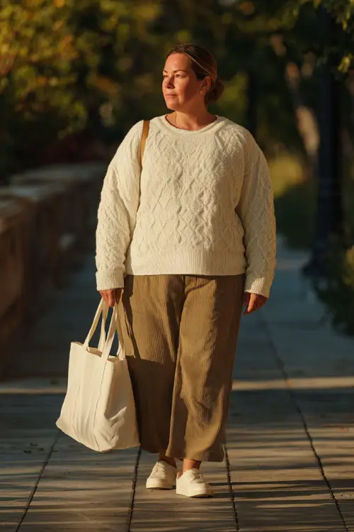 A plus-size woman in wide-leg trousers with a cream knit sweater and loafers, carrying a tote bag while walking down a fall-lit sidewalk toward dinner 