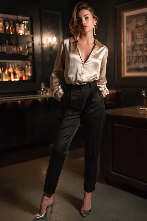 A slim woman in a champagne satin blouse tucked into tailored black trousers, paired with metallic heels and pearl earrings 