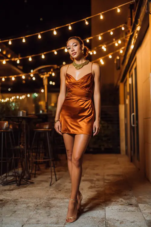 A slim woman in a copper satin mini dress with bold gold jewelry and high-heeled sandals, posing outside a stylish fall restaurant under string lights 