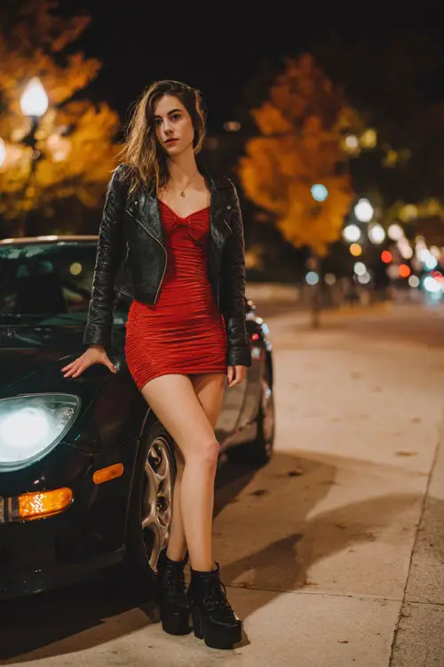 A slim woman in a cropped black leather jacket over a red mini dress with platform heels, leaning against a sports car under fall streetlights 