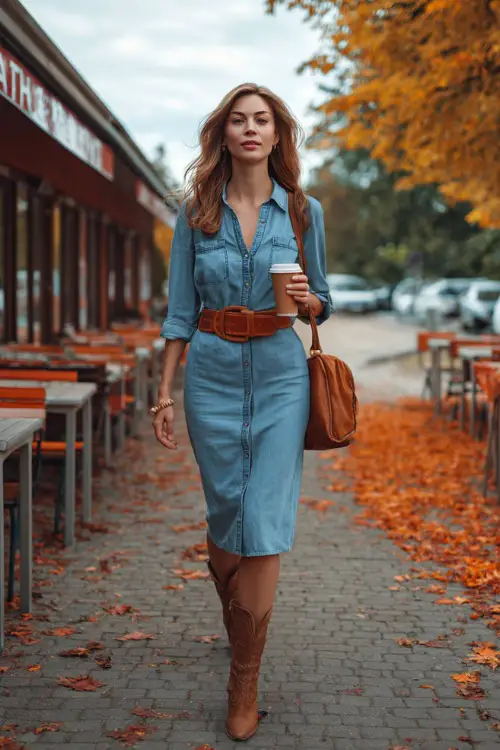A slim woman in a denim midi dress with a brown leather belt and ankle boots, walking past a fall park café with orange leaves on the ground 