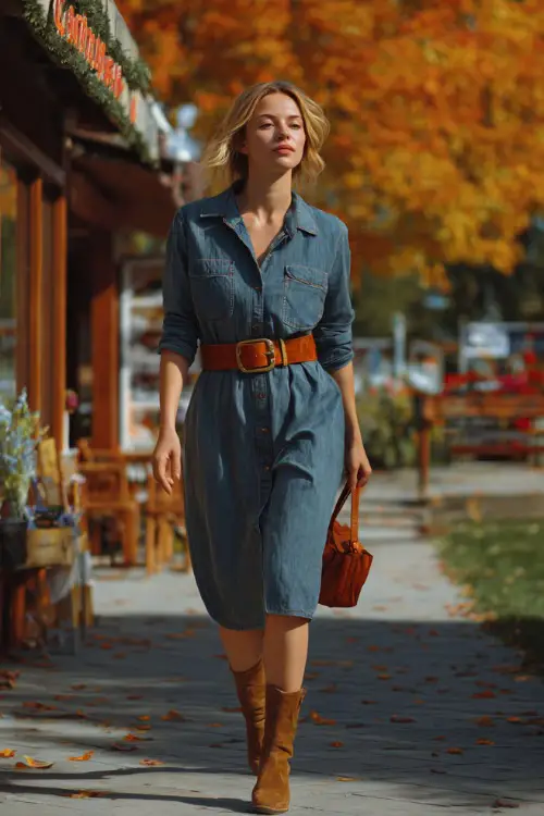 A slim woman in a denim midi dress with a brown leather belt and ankle boots, walking past a fall park café with orange leaves on the ground, full body