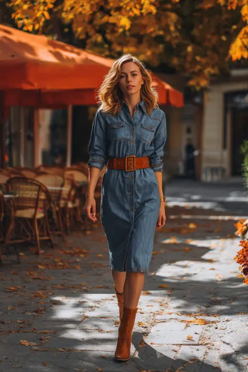 A slim woman in a denim midi dress with a brown leather belt and ankle boots, walking past a fall park café with orange leaves on the ground