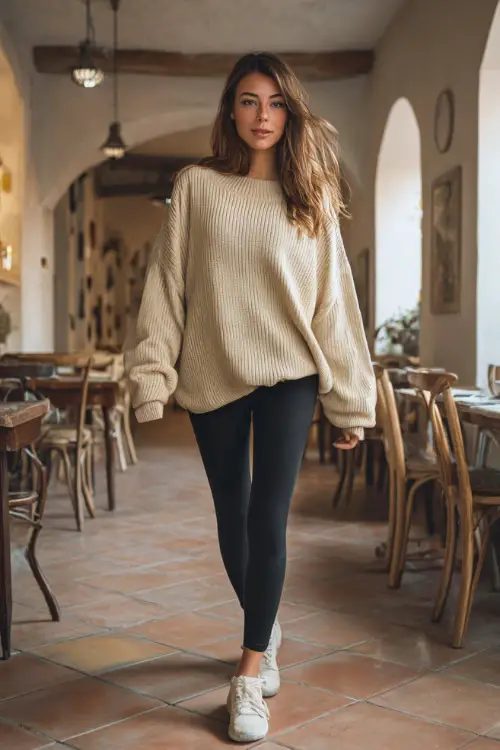 A slim woman in black leggings, an oversized beige knit sweater, and white sneakers, walking into a casual dinner café decorated for fall, full body 