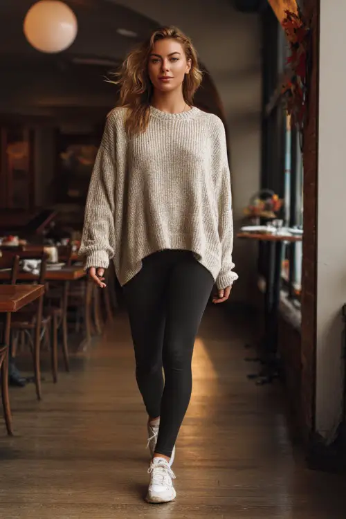 A slim woman in black leggings, an oversized beige knit sweater, and white sneakers, walking into a casual dinner café decorated for fall, full body