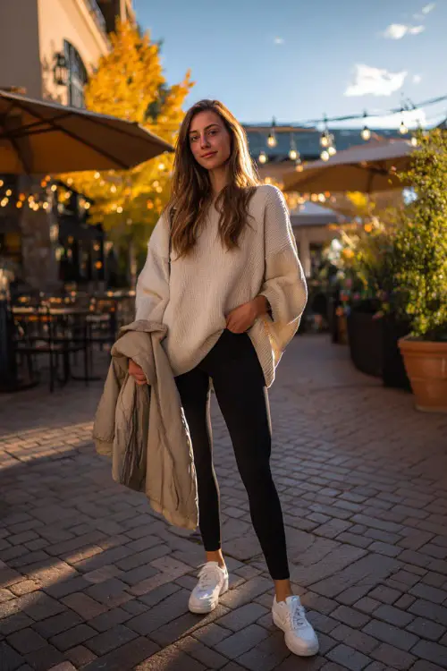 A slim woman in black leggings, an oversized beige sweater, and white sneakers, holding a jacket while standing near a glowing fall café patio, full body