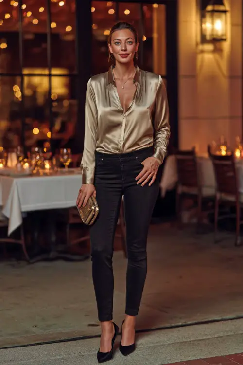 A slim woman in black skinny jeans, a satin champagne blouse, and pointed heels, holding a clutch while standing outside a candlelit fall restaurant