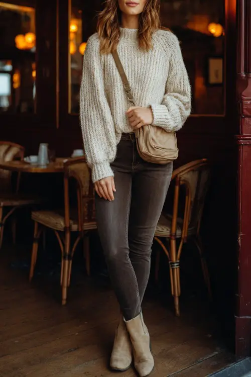 A slim woman in dark skinny jeans, a cream knit sweater, and ankle boots, holding a crossbody bag while standing at a cozy fall café 