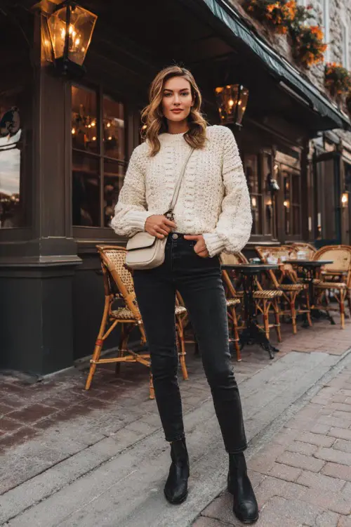 A slim woman in dark skinny jeans, a cream knit sweater, and ankle boots, holding a crossbody bag while standing at a cozy fall café