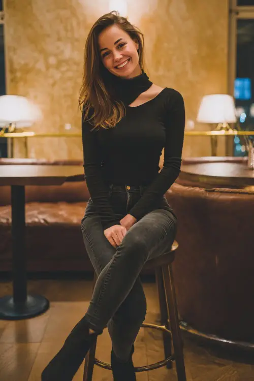 A slim woman in dark skinny jeans, a fitted black turtleneck, and heeled boots, smiling while seated at a chic fall dinner lounge with glowing lights 