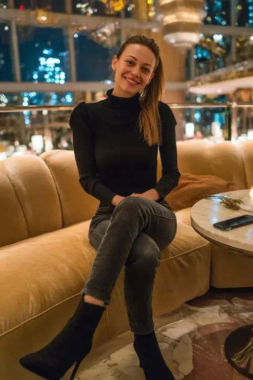 A slim woman in dark skinny jeans, a fitted black turtleneck, and heeled boots, smiling while seated at a chic fall dinner lounge with glowing lights 