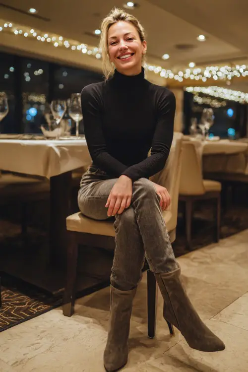 A slim woman in dark skinny jeans, a fitted black turtleneck, and heeled boots, smiling while seated at a chic fall dinner lounge with glowing lights