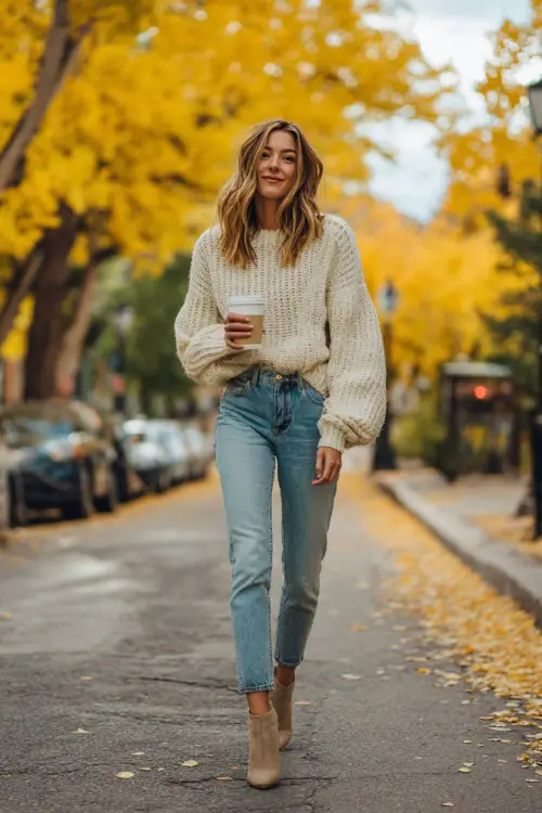 A slim woman in light wash jeans, a cream oversized sweater, and ankle boots, holding a coffee while walking down a fall street lined with golden leaves 