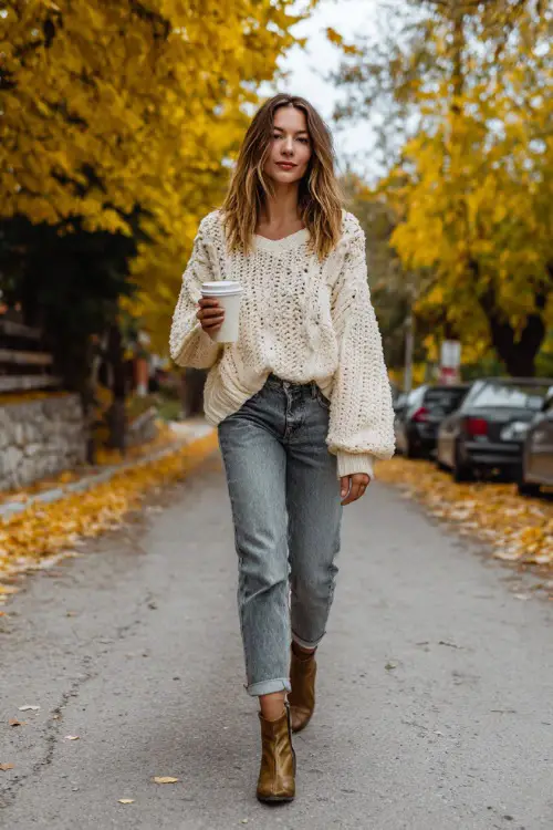 A slim woman in light wash jeans, a cream oversized sweater, and ankle boots, holding a coffee while walking down a fall street lined with golden leaves 