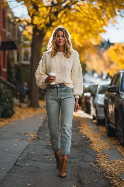 A slim woman in light wash jeans, a cream oversized sweater, and ankle boots, holding a coffee while walking down a fall street lined with golden leaves