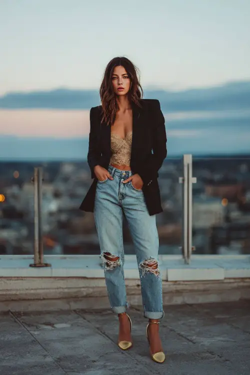 A slim woman in ripped straight-leg jeans with a black blazer layered over a lace camisole, styled with stiletto heels, standing on an autumn city rooftop at dusk 