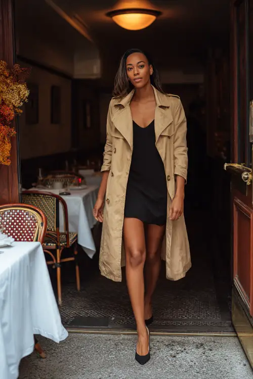 A stylish Black woman in a tan trench coat layered over a black mini dress with pointed heels, walking into a chic restaurant with fall décor