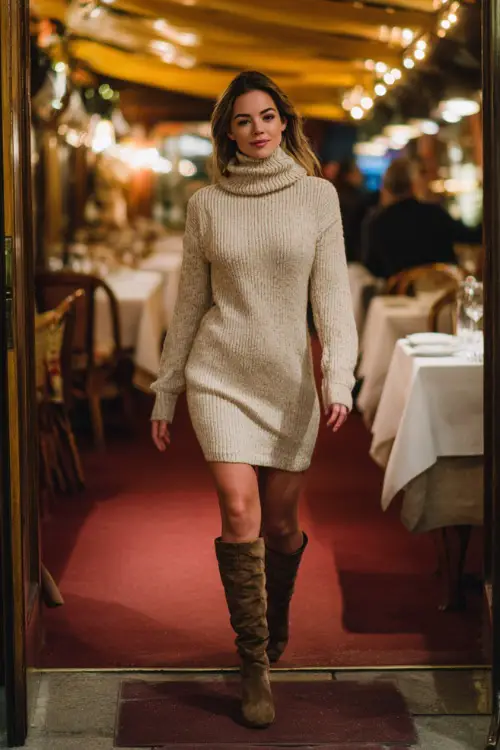 A woman in a beige sweater dress with long sleeves and a turtleneck neckline, styled with brown knee-high boots 