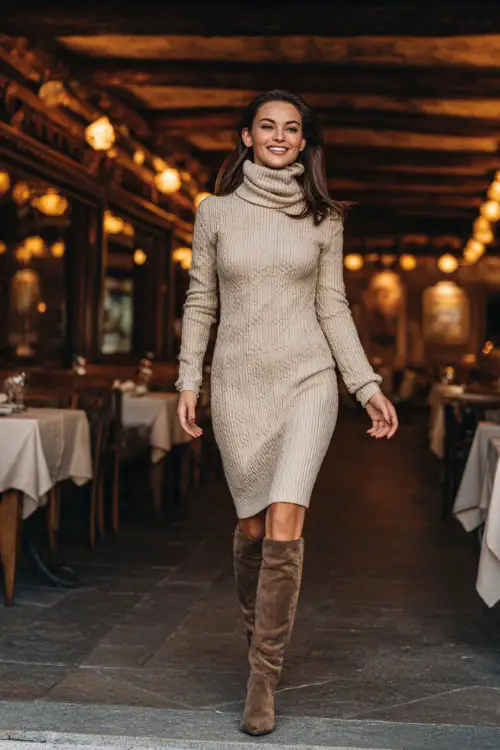 A woman in a beige sweater dress with long sleeves and a turtleneck neckline, styled with brown knee-high boots