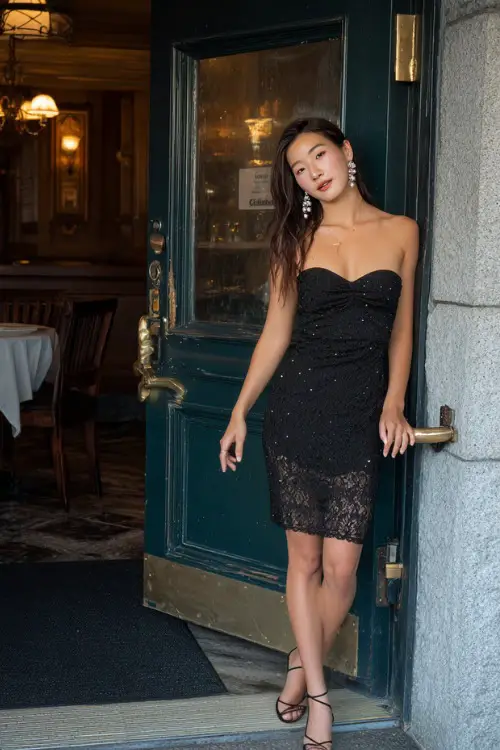 A woman in a black lace cocktail dress with subtle sparkle, styled with pearl earrings and strappy heels, posing near a fine dining restaurant entrance 