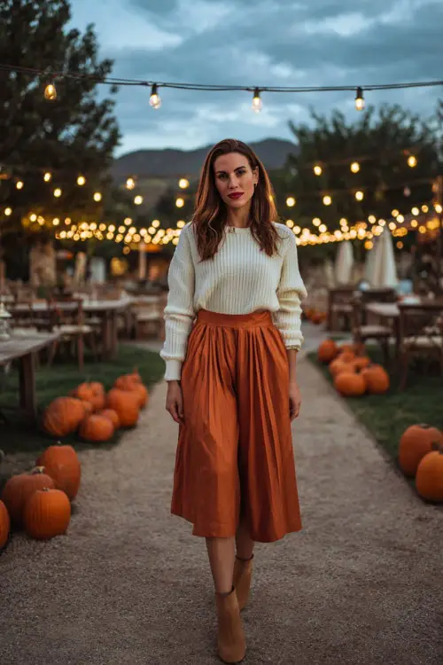 A woman in a burnt orange pleated midi skirt with a cream sweater and heeled booties, dining outdoors under string lights with pumpkins around