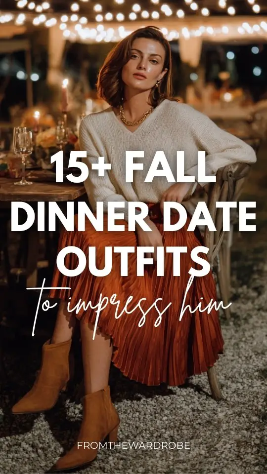 A woman in a burnt orange pleated midi skirt with a cream sweater and heeled booties outfit for a fall dinner date