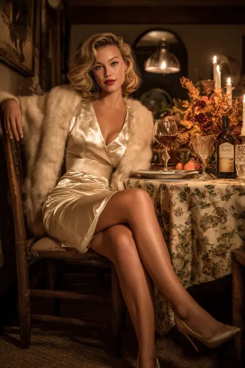 A woman in a champagne satin midi dress with a faux fur shawl and heels, seated at a candlelit dinner table with autumn décor