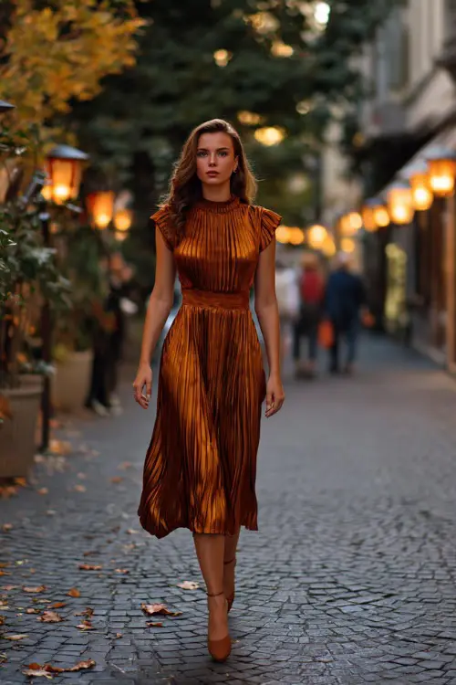 A woman in a copper pleated midi dress with cap sleeves, paired with ankle strap heels, walking along an autumn street lit with lanterns, full body 