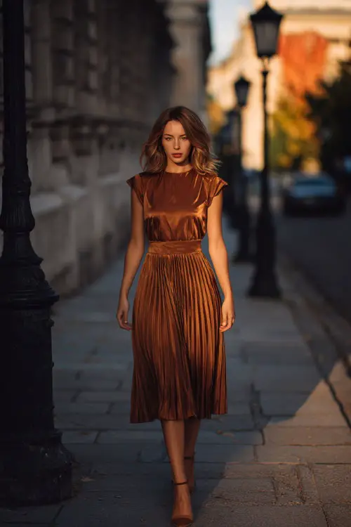 A woman in a copper pleated midi dress with cap sleeves, paired with ankle strap heels, walking along an autumn street lit with lanterns, full body