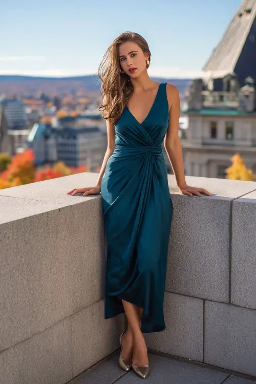 A woman in a dark teal maxi dress with elegant draping, paired with metallic heels, posing on a terrace with autumn city views