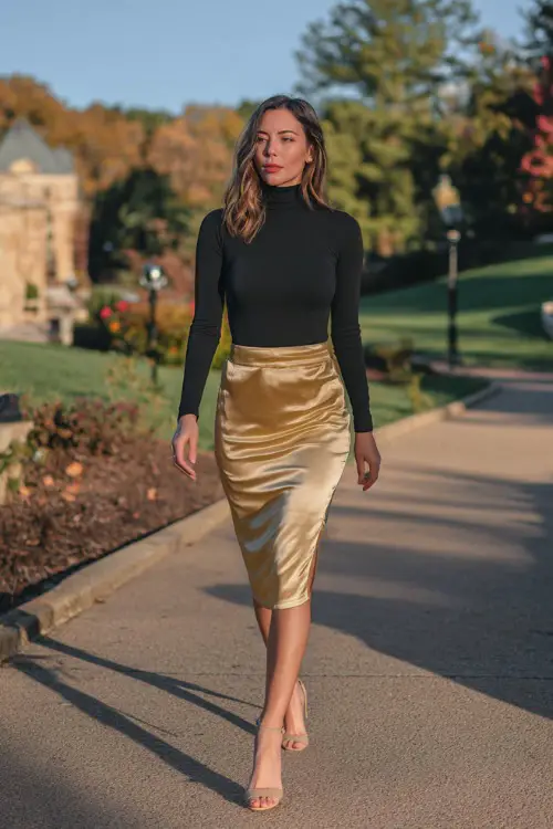 A woman in a fitted black turtleneck tucked into a gold satin slip skirt with ankle strap heels, walking past a fall park on the way to dinner, full body