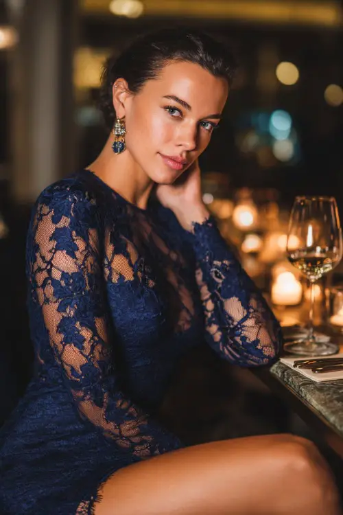 A woman in a midnight blue long sleeve lace dress with crystal earrings and pointed heels, posing confidently at a candlelit fall dinner bar, full body