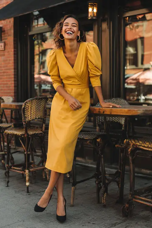A woman in a mustard yellow midi dress with puff sleeves, styled with hoop earrings and black block heels, laughing at an outdoor fall bistro 