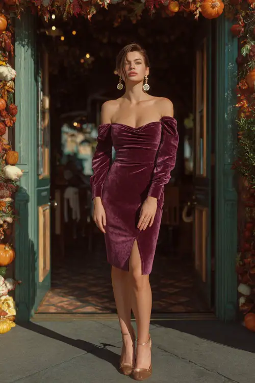 A woman in a plum velvet cocktail dress with statement earrings and ankle strap heels, standing near a decorated fall restaurant entrance 