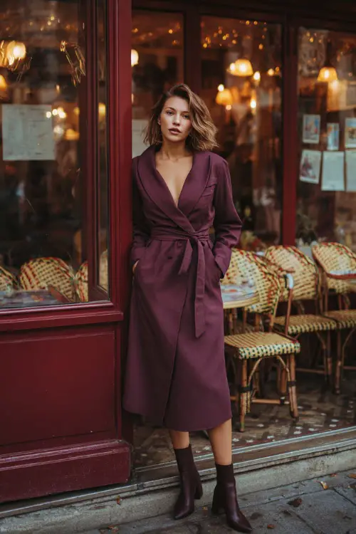 A woman in a plum wrap midi dress with long sleeves and block heels, holding a trench coat while standing in front of a cozy upscale bistro, full body