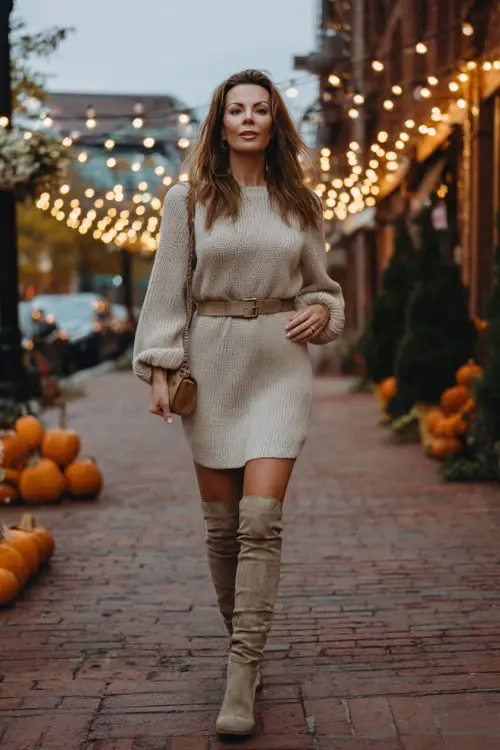 A woman over 40 in a beige sweater dress with a belt and suede knee-high boots, walking along an autumn street decorated with glowing pumpkins and string lights 