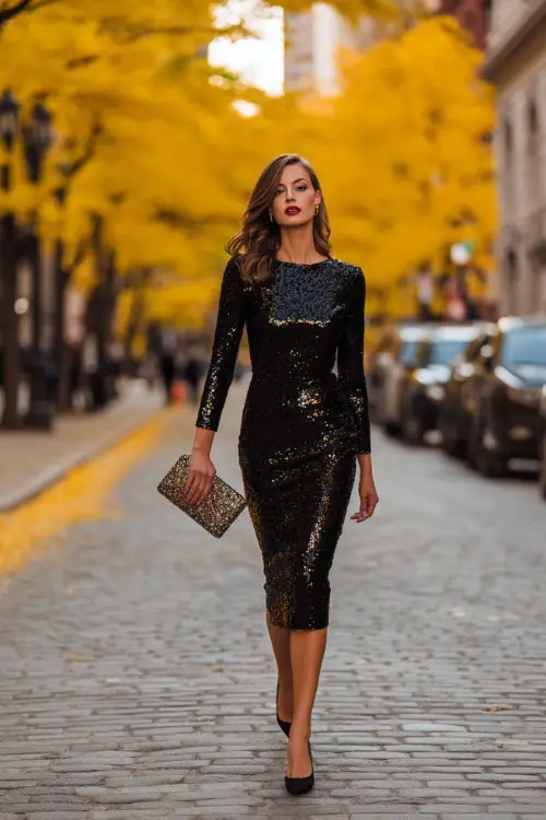 A woman over 40 in a black sequin midi dress with elegant pumps and a sparkling clutch, walking confidently through a fall street decorated with golden leaves 